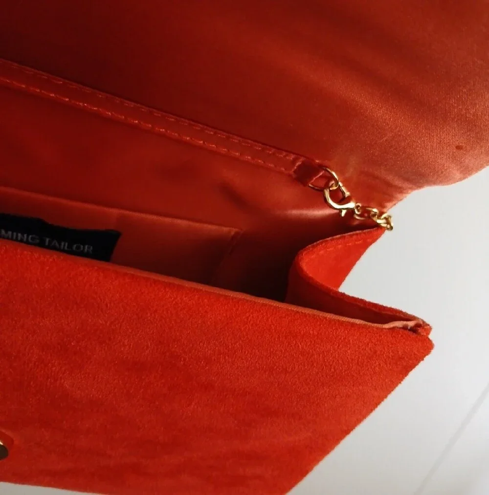 Red Orange Suede Envelope Clutch with Gold Chain Strap